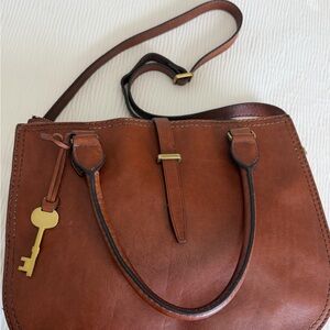 Fossil Brown Leather Crossbody Bag with Gold Key Charm